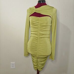 SHEIN Lime Green Ruched Cutout Bodycon Mini Dress Twist Neck Long Sleeve sz M